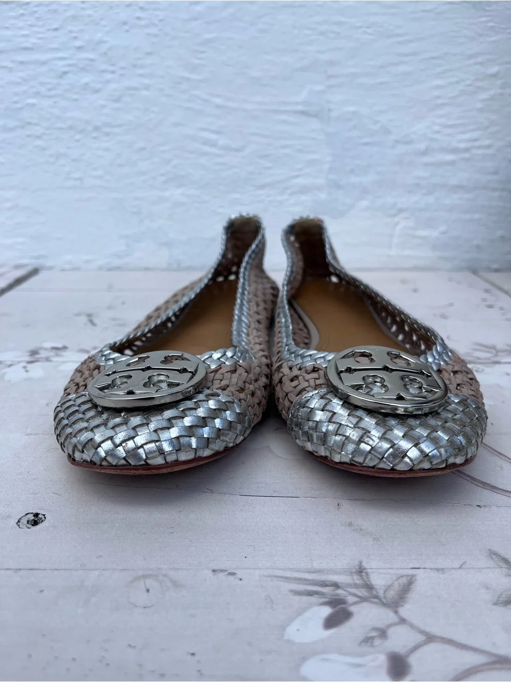Woven Metallic-Trim Ballet Flats in Taupe